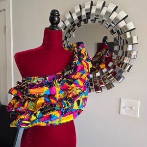 Wimba African Print One-Shoulder Ruffle Crop Top (Pink Yellow Kente)